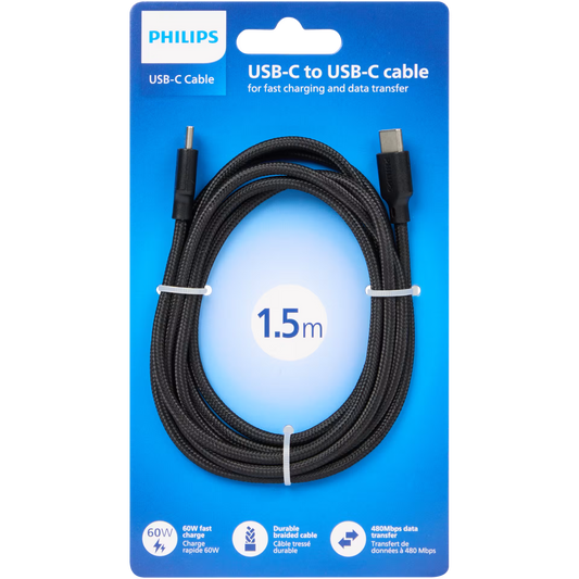 PHILIPS Oplaadkabel USB C naar USB C - 1,5M lang - Geweven